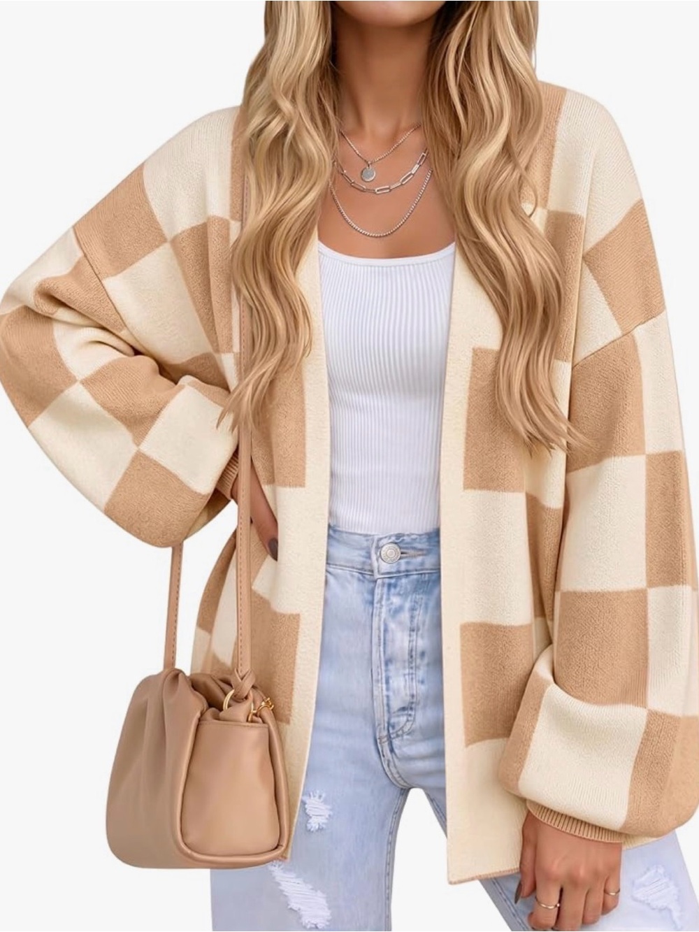 Amazon Beige and Cream Checkered Open Front Cardigan